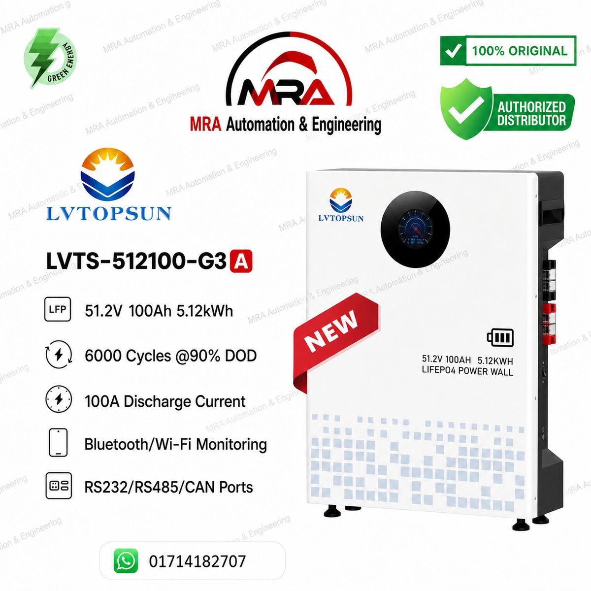 ale! LVTOPSUN LVTS-512100-G3A 51.2V 100Ah 5.12kWh LiFePO4 Battery